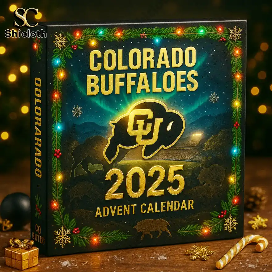 A close up view of the Colorado Buffaloes 2025 Advent Calendar box with festive lights and the team logo!