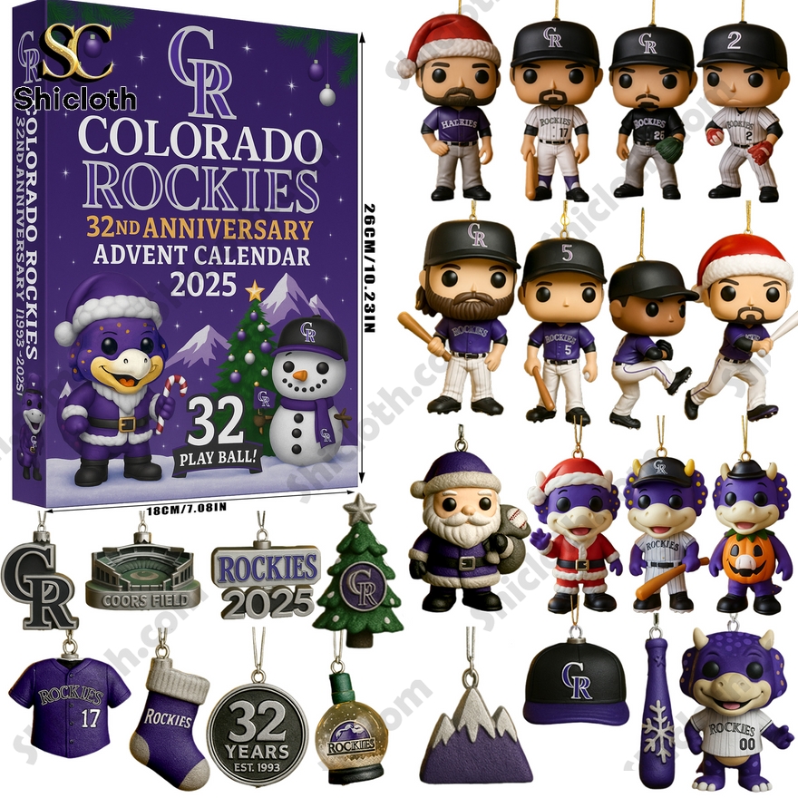 Colorado Rockies 32nd Anniversary Advent Calendar 2025 3 A Colorado Rockies 32nd Anniversary advent calendar box shown with all its contents including player figurines and team themed ornaments!
