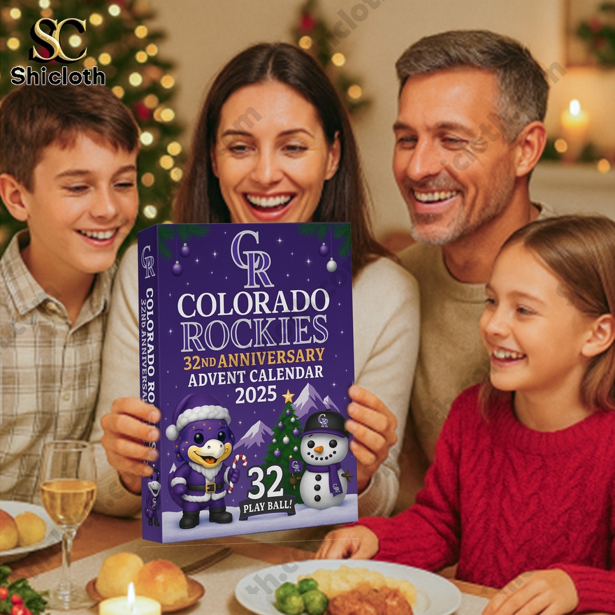 A happy family gathered around a table looking excitedly at a Colorado Rockies advent calendar!