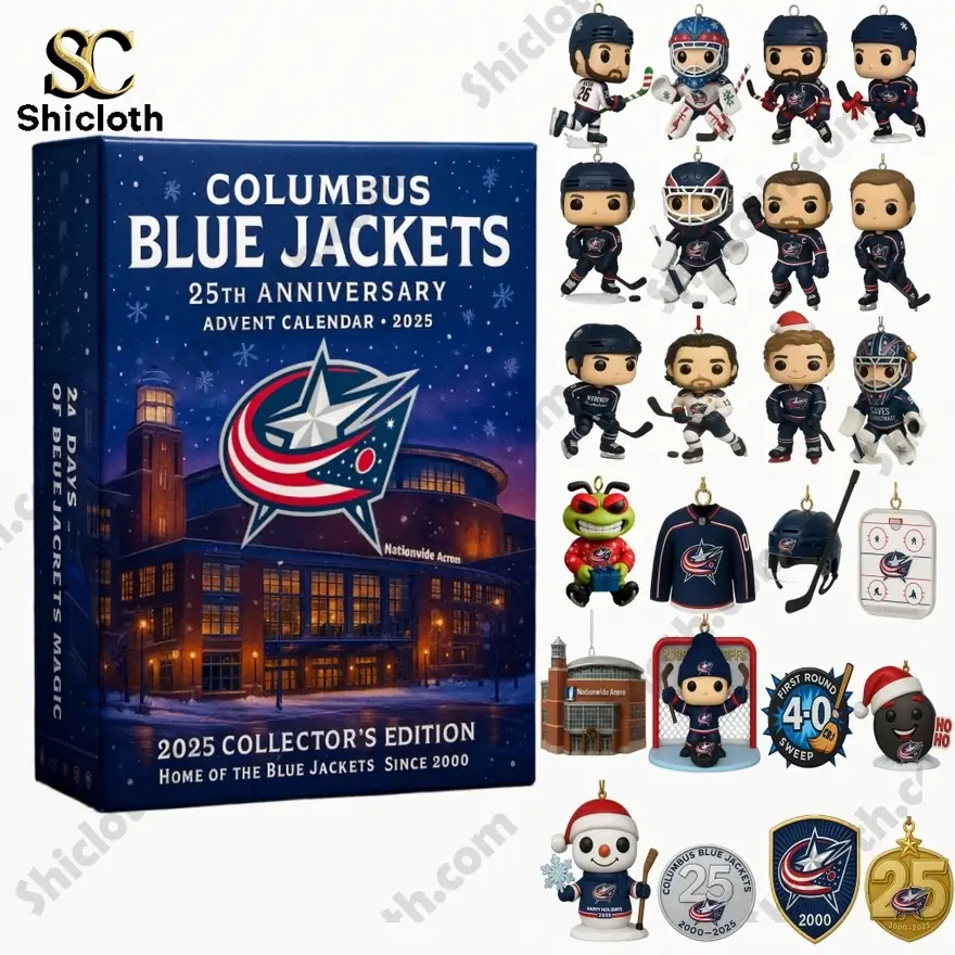 Columbus Blue Jackets 25th Anniversary Advent Calendar with collectible figures and ornaments.