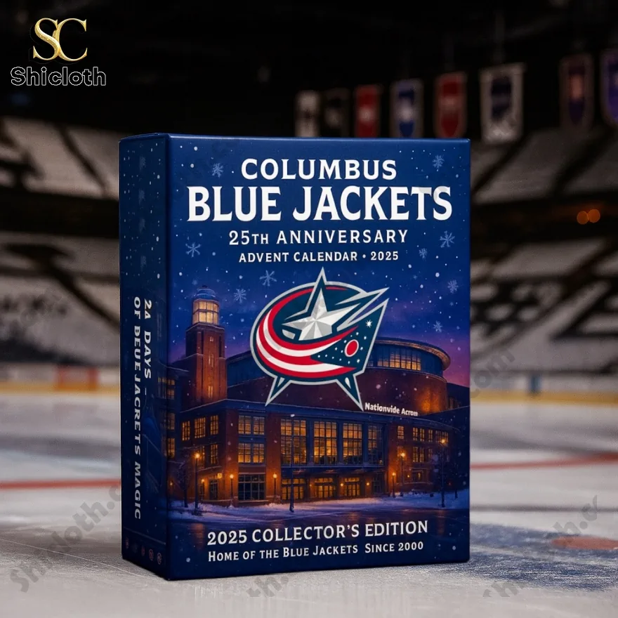 A close up view of the Columbus Blue Jackets 25th Anniversary 2025 advent calendar box sitting on an ice rink!