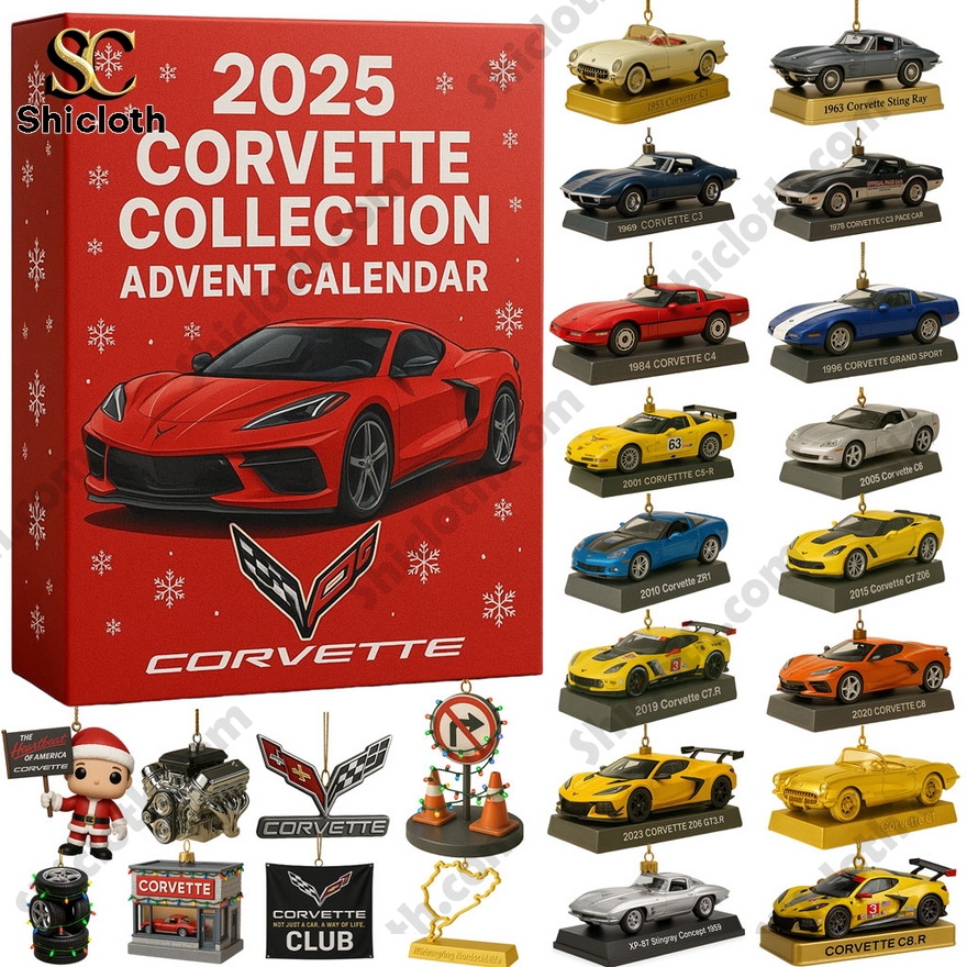 2025 Corvette Collection Advent Calendar with miniature Corvette car models and ornaments.