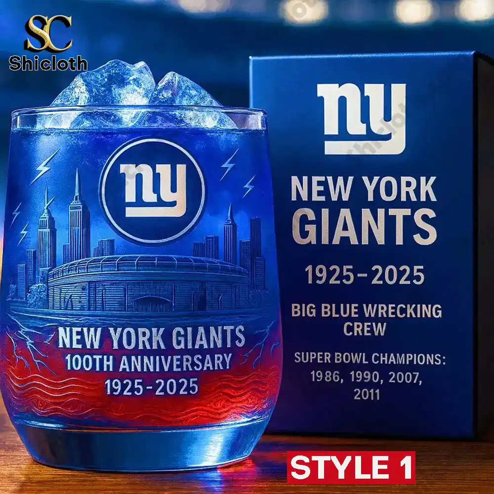 New York Giants 100th anniversary glass Style 1 with team logo and gift box.