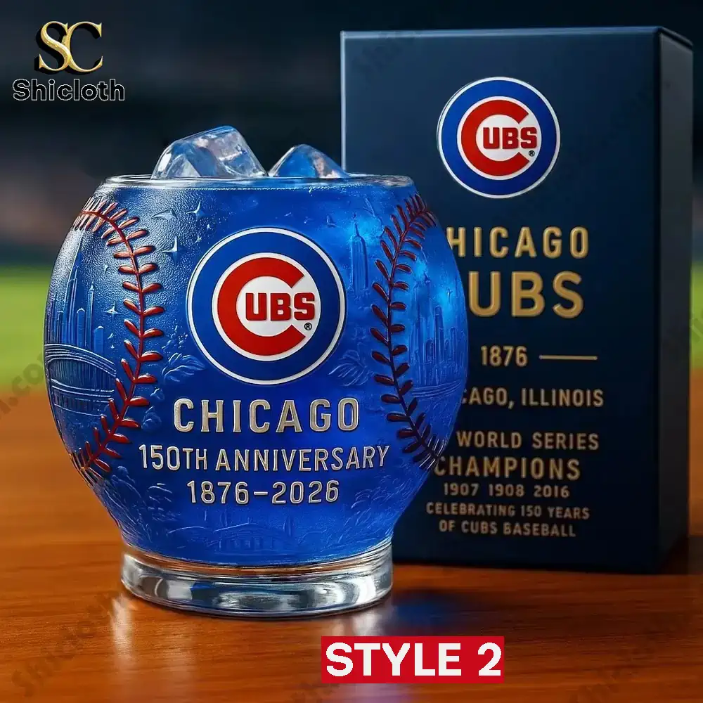 Chicago Cubs 150th anniversary baseball shaped whiskey glass and gift box from Shicloth.