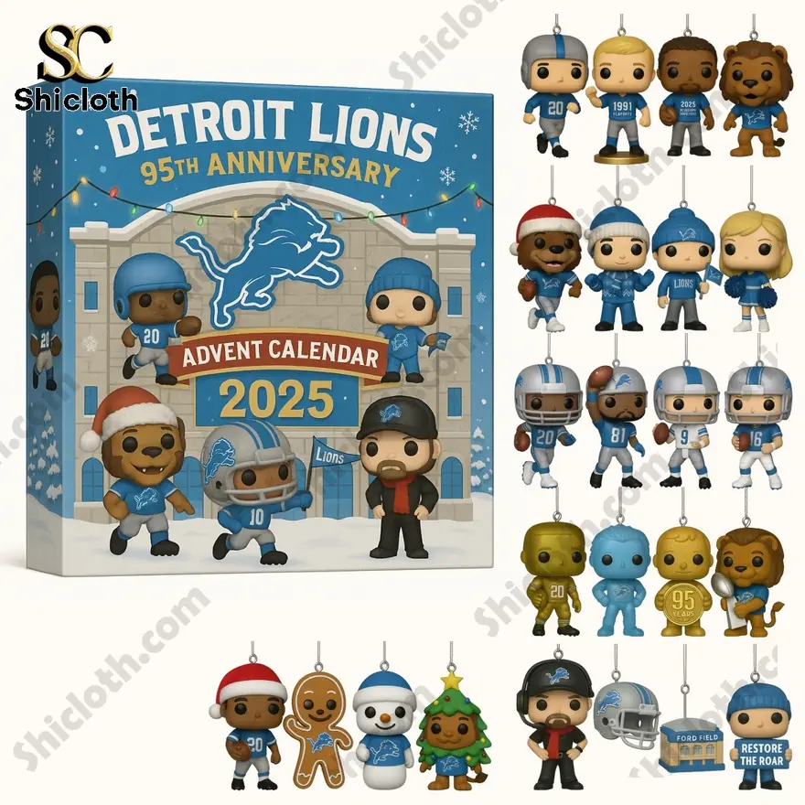 Detroit Lions 95th Anniversary Advent Calendar 2025 with collectible figures and ornaments.