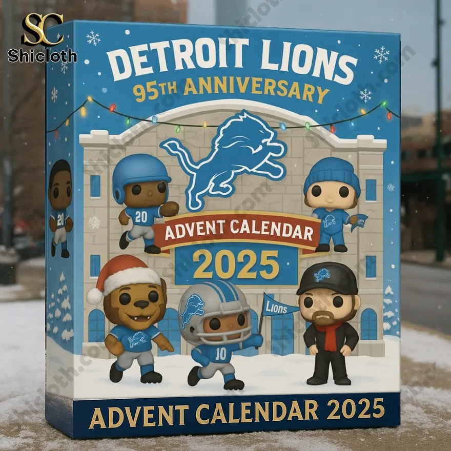 Detroit Lions 95th Anniversary Advent Calendar 2025 box displayed outdoors on snowy ground.