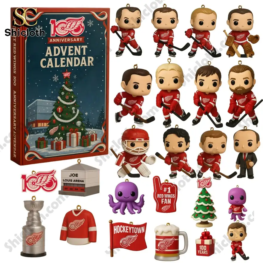 Detroit Red Wings 100th anniversary advent calendar with mini figures and hockey themed ornaments.