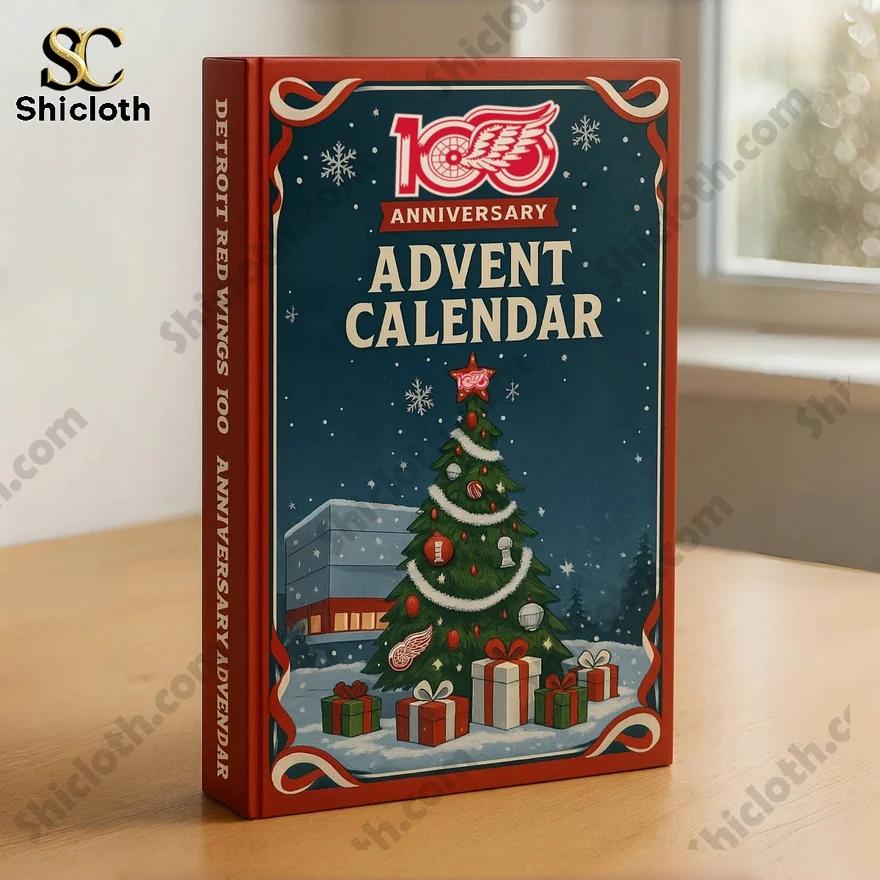 Detroit Red Wings 100th anniversary advent calendar box with Christmas tree and arena design.