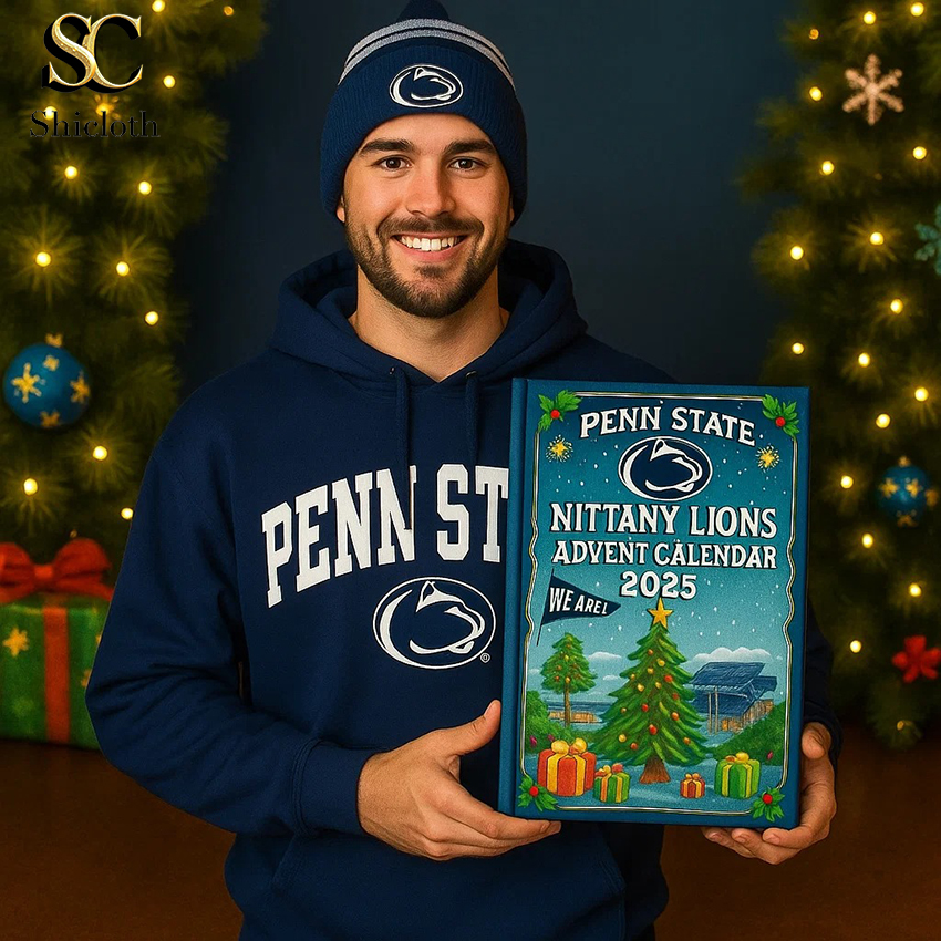 Man in Penn State hoodie holding Penn State Nittany Lions Advent Calendar 2025.