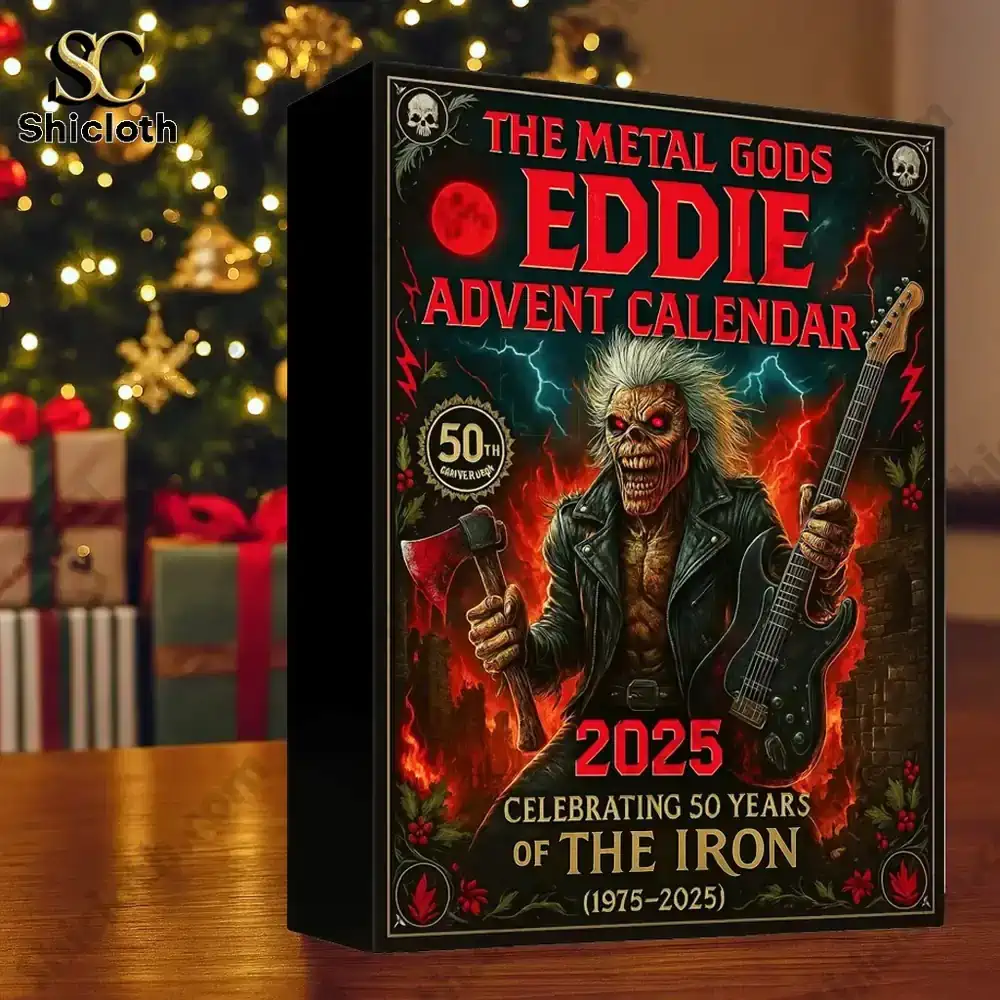 24 Days Eddie Iron Maiden Advent Calendar 2025 4 Eddie advent calendar box on a wooden table in front of a decorated Christmas tree.