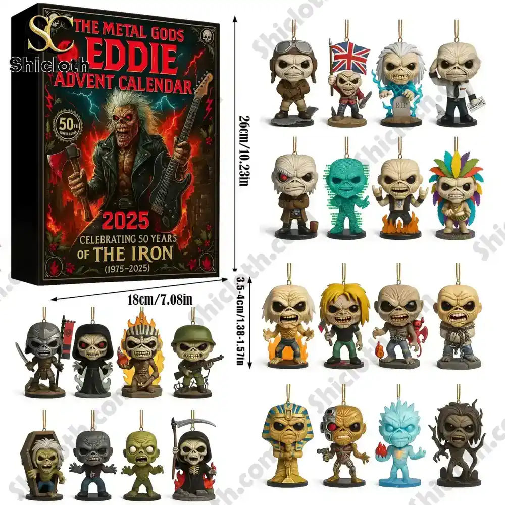 24 Days Eddie Iron Maiden Advent Calendar 2025 3 Eddie advent calendar with collectible mini figures displayed beside the box.