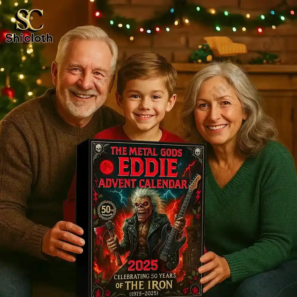 Smiling grandparents and a child holding an Eddie advent calendar box.