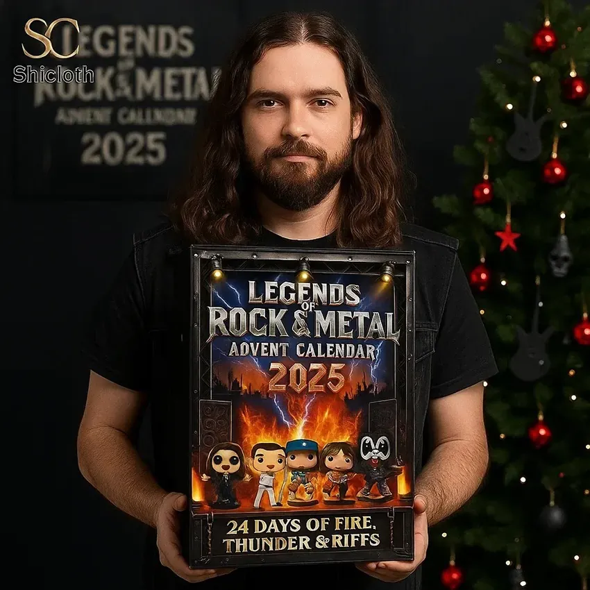 PREMIUM Legends of Rock & Metal Advent Calendar 2025 3 Bearded man holding a Legends of Rock and Metal advent calendar box with a Christmas tree in the background.