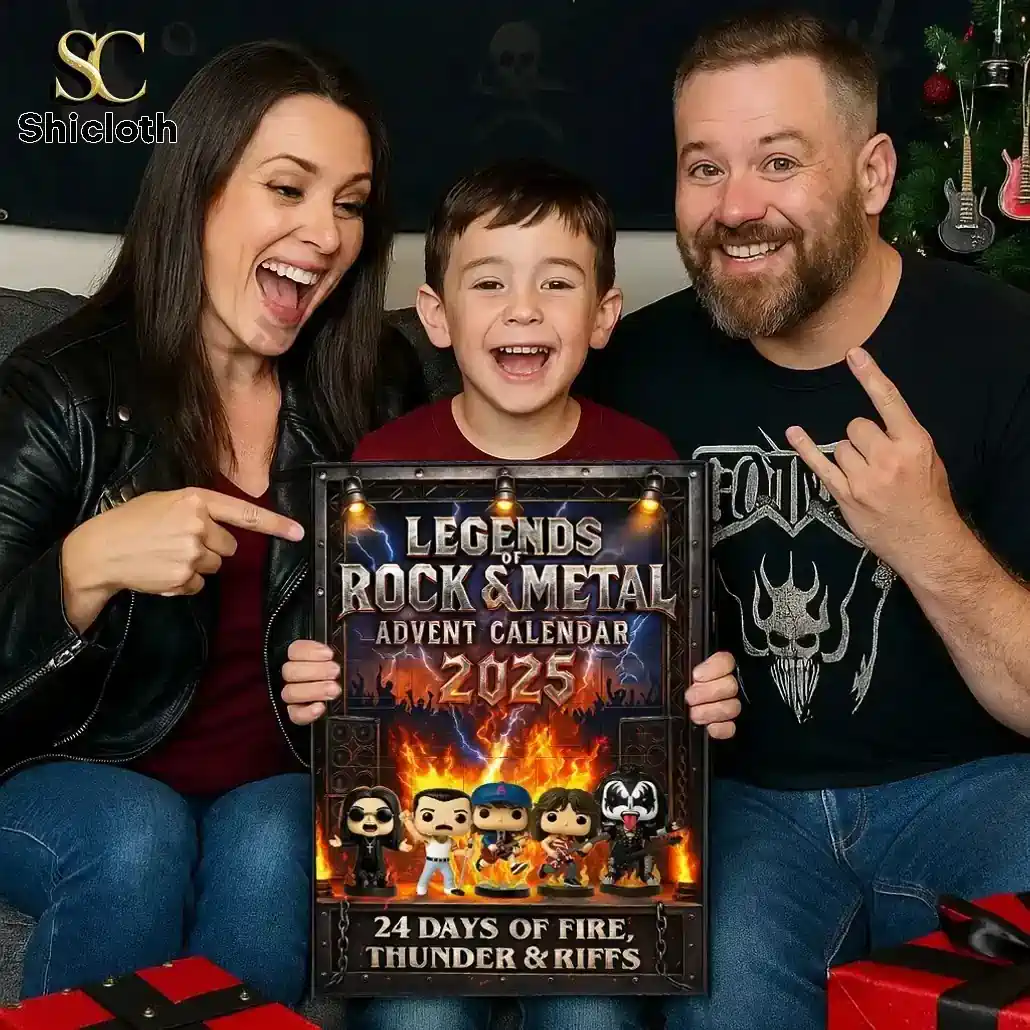 PREMIUM Legends of Rock & Metal Advent Calendar 2025 4 Smiling family holding a Legends of Rock and Metal advent calendar box together.