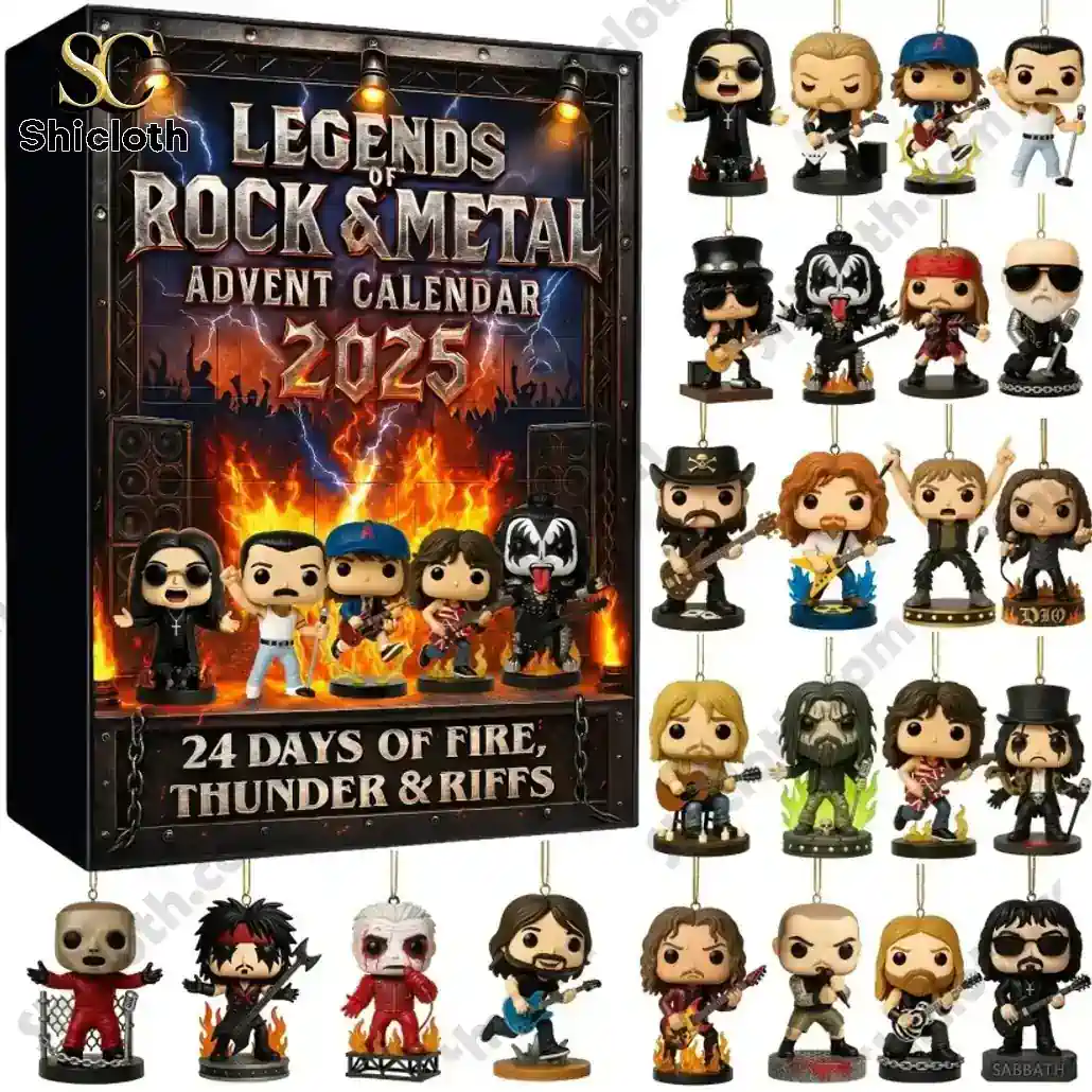 PREMIUM Legends of Rock & Metal Advent Calendar 2025 6 Legends of Rock and Metal advent calendar box with twenty four hanging musician ornaments displayed on a white background.