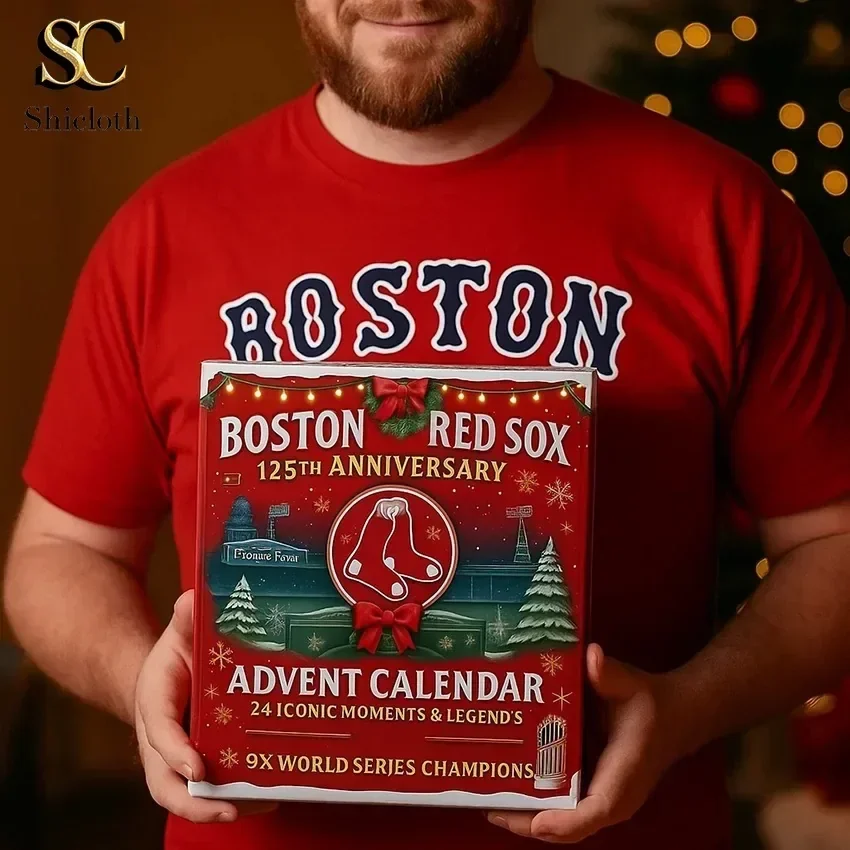 PREMIUM Boston Red Sox 125th Anniversary 2025 Advent Calendar 3 Man in Boston shirt holding Boston Red Sox 125th Anniversary Advent Calendar 2025.