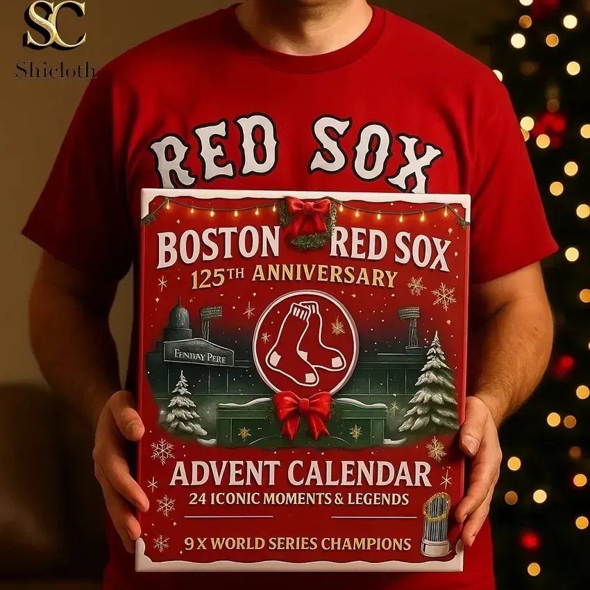 PREMIUM Boston Red Sox 125th Anniversary 2025 Advent Calendar 4 Man in Red Sox shirt holding Boston Red Sox 125th Anniversary Advent Calendar 2025.