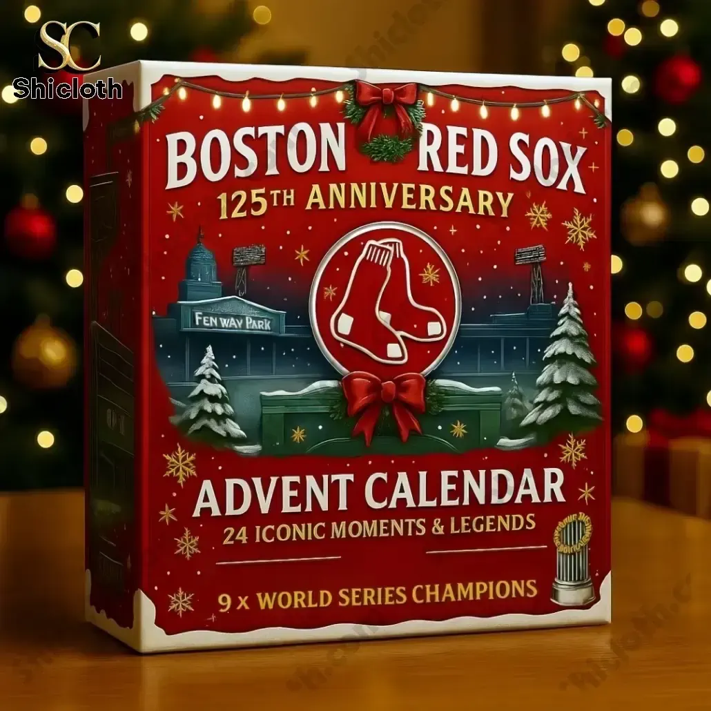 Close up of Boston Red Sox 125th Anniversary Advent Calendar box on table.