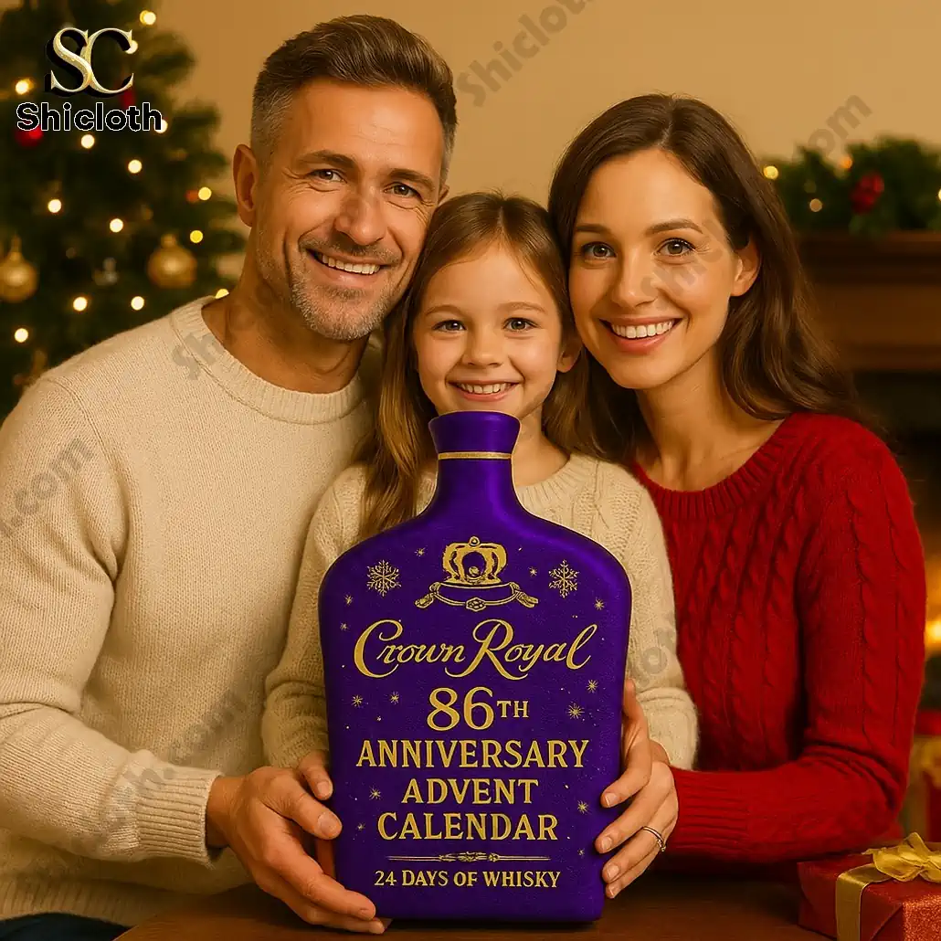 Family holding Crown Royal 86th Anniversary advent calendar shaped like a whisky bottle.