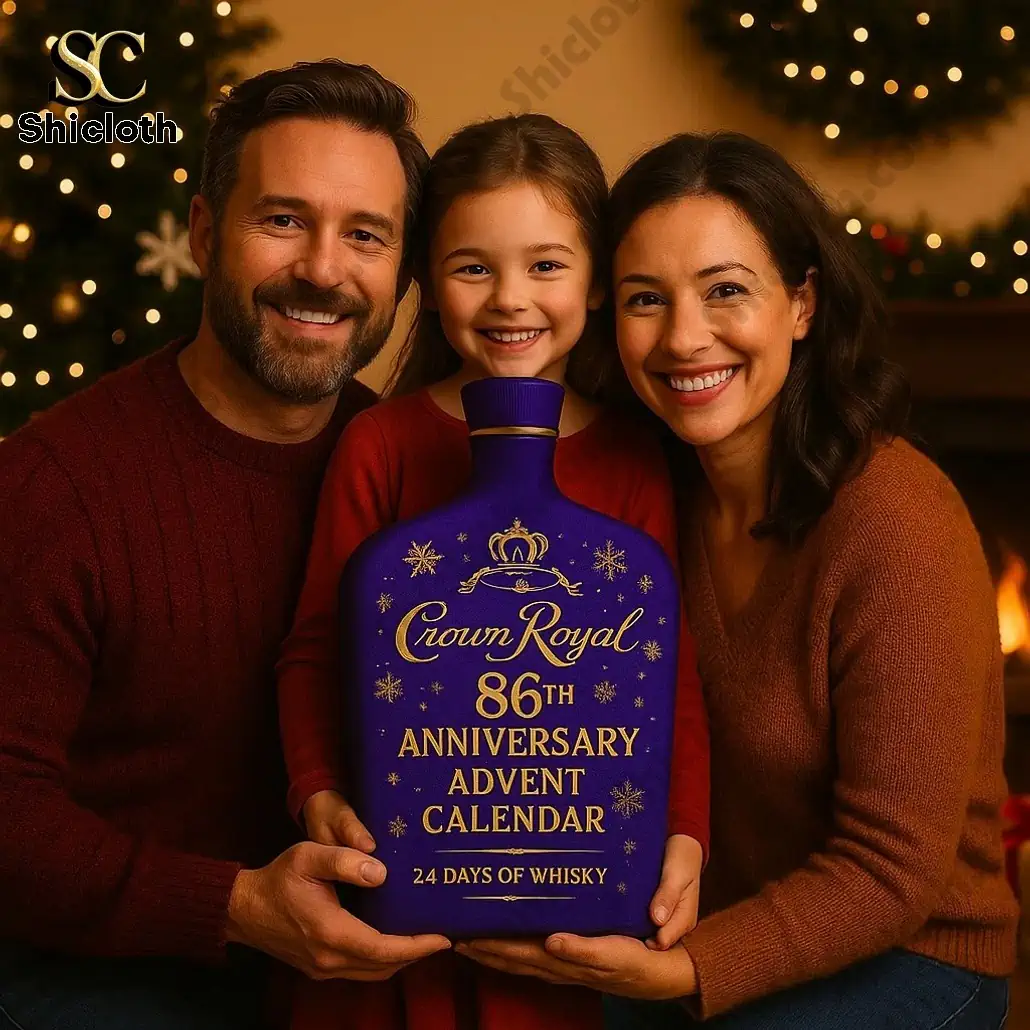 PREMIUM Crown Royal 86th Anniversary Advent Calendar 2025 3 Family smiling while holding Crown Royal 86th Anniversary advent calendar in holiday setting.