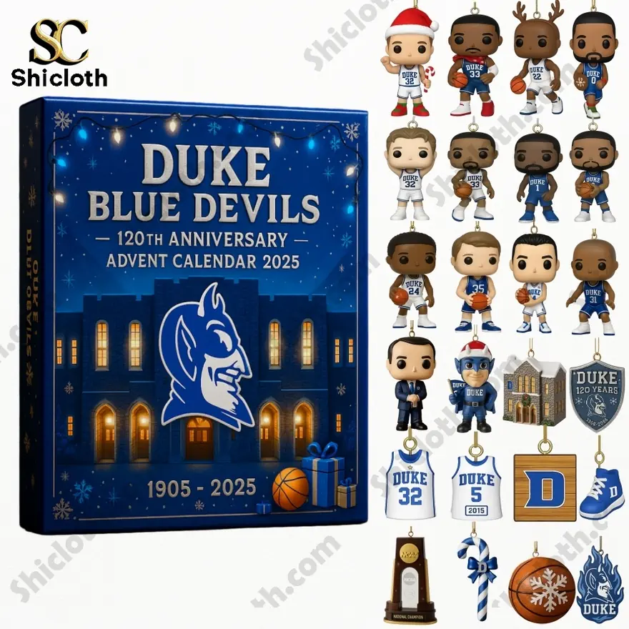 Blue Duke Blue Devils advent calendar box with mini figures of players, mascots, and ornaments.