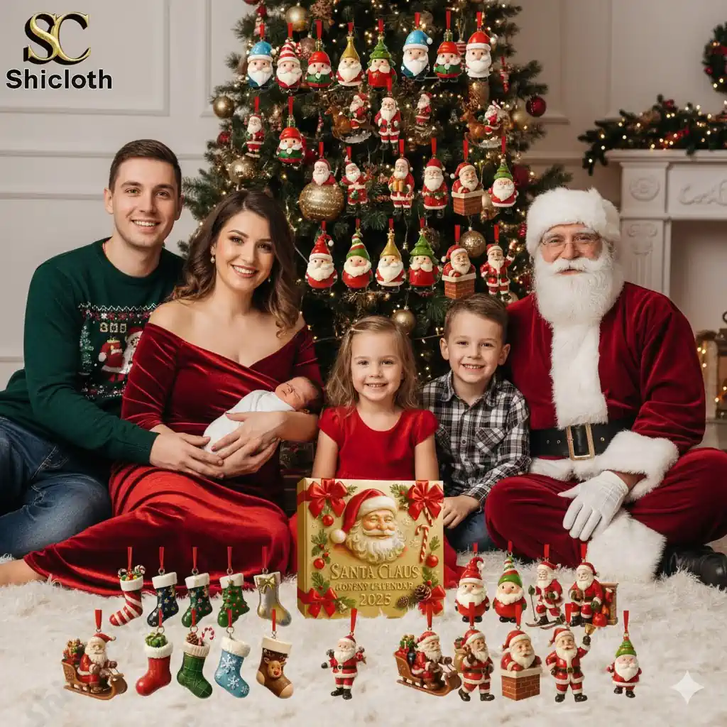 Family with Santa Claus Advent Calendar 2025 and decorated Christmas tree.