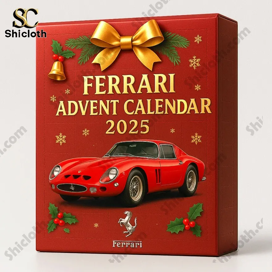 Red Ferrari advent calendar box with a classic Ferrari car image and festive decorations.