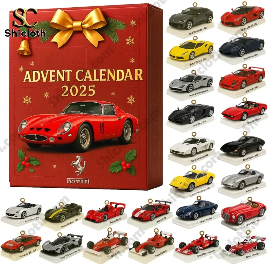 Ferrari advent calendar with miniature car ornaments in various models and colors.