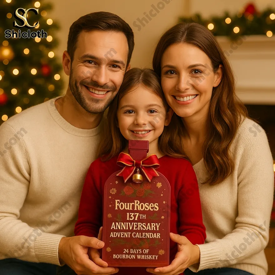 Family holding Four Roses 137th Anniversary Advent Calendar box with festive background.