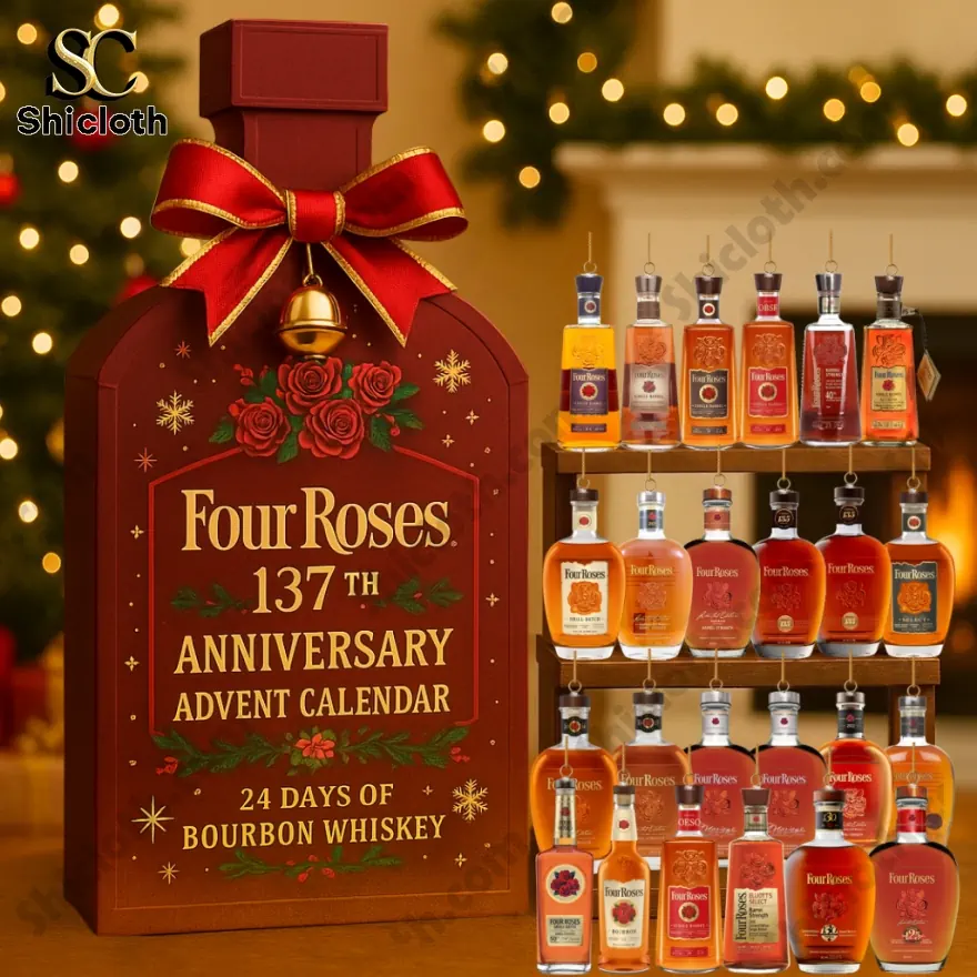 Four Roses 137th Anniversary Advent Calendar box with 24 miniature bourbon bottles displayed.