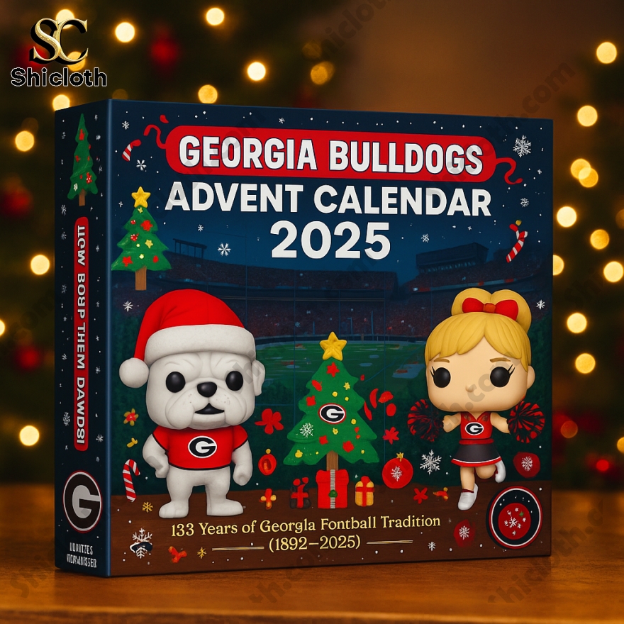 Georgia Bulldogs Advent Calendar 2025 box with mascot and cheerleader holiday design.