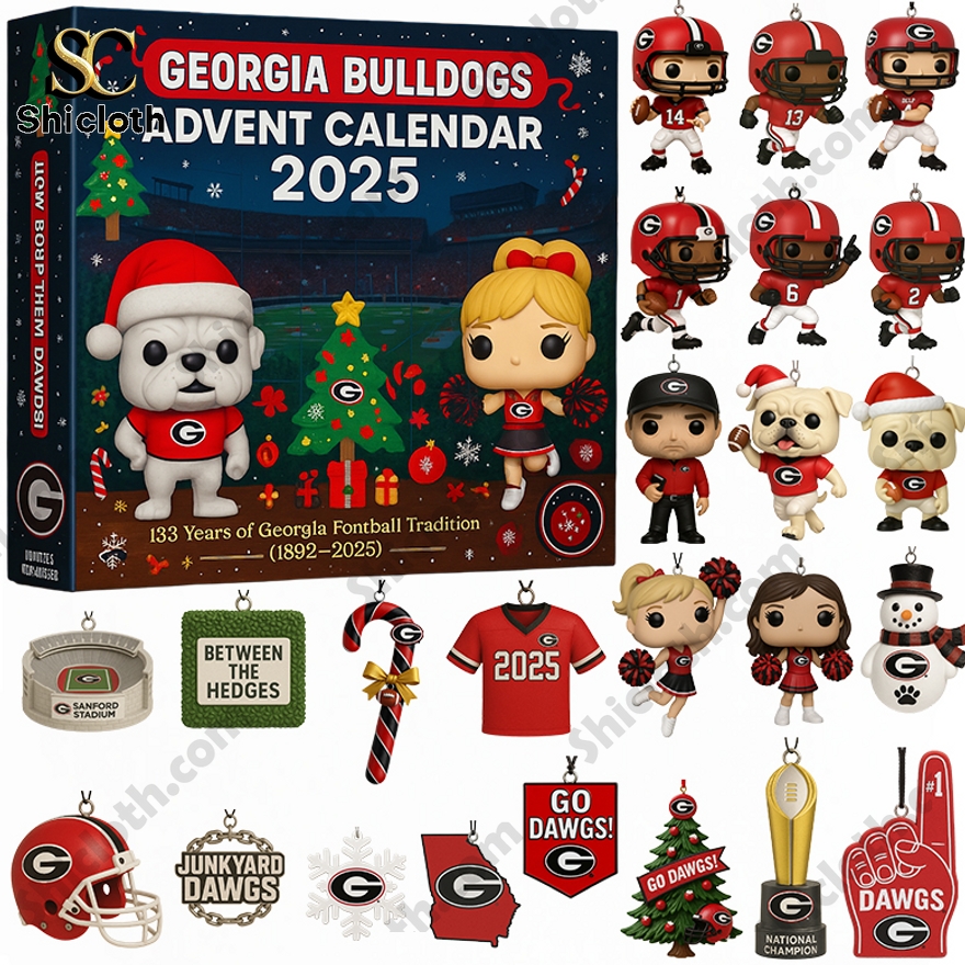 Georgia Bulldogs 2025 Advent Calendar set with figures, mascot, cheerleaders, and themed ornaments.