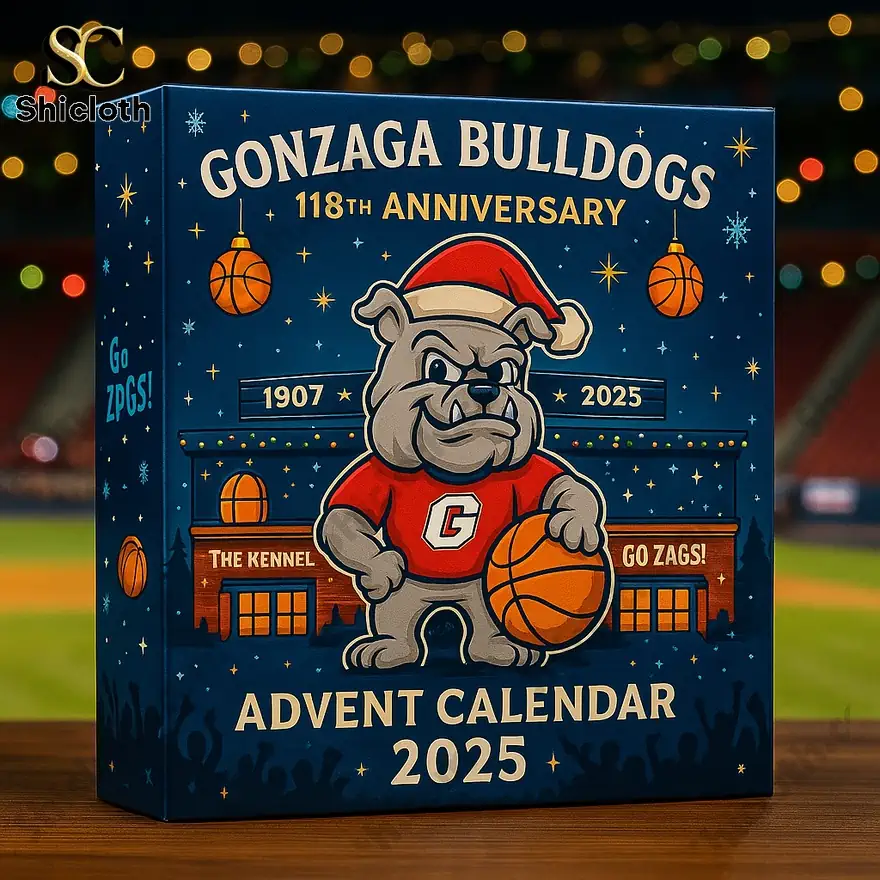 Gonzaga Bulldogs 118th Anniversary Advent Calendar with a festive Bulldog mascot.