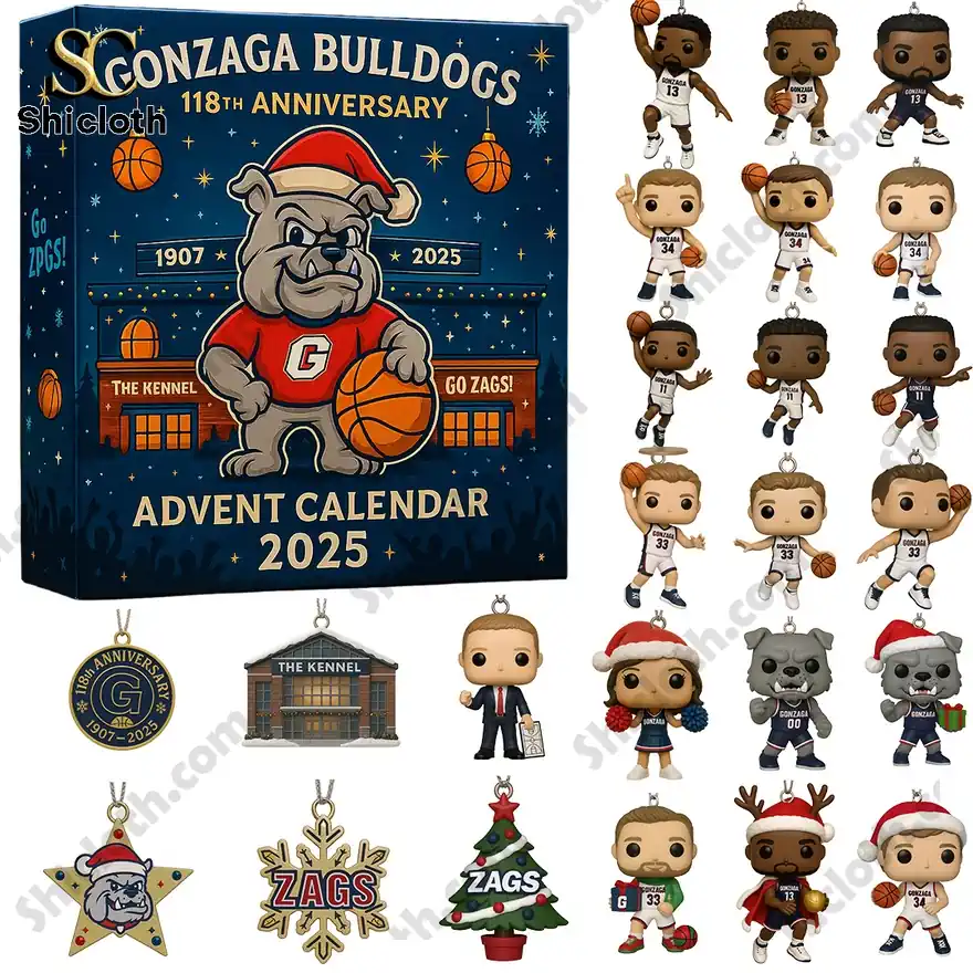 Gonzaga Bulldogs 118th Anniversary Advent Calendar with basketball-themed figures and ornaments.