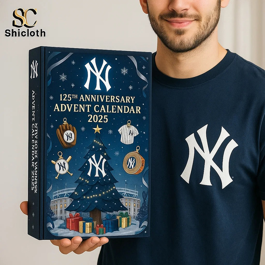 Man in Yankees shirt holding a New York Yankees 125th Anniversary Advent Calendar 2025.