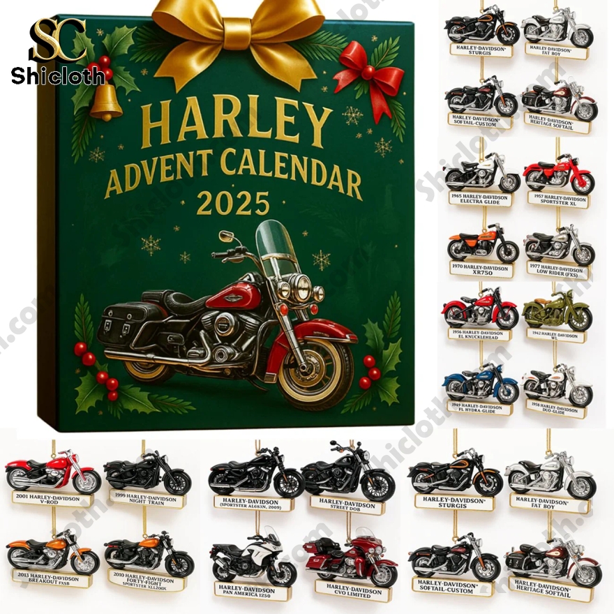 Harley Davidson 2025 Advent Calendar with miniature motorcycle collectibles displayed around the box.