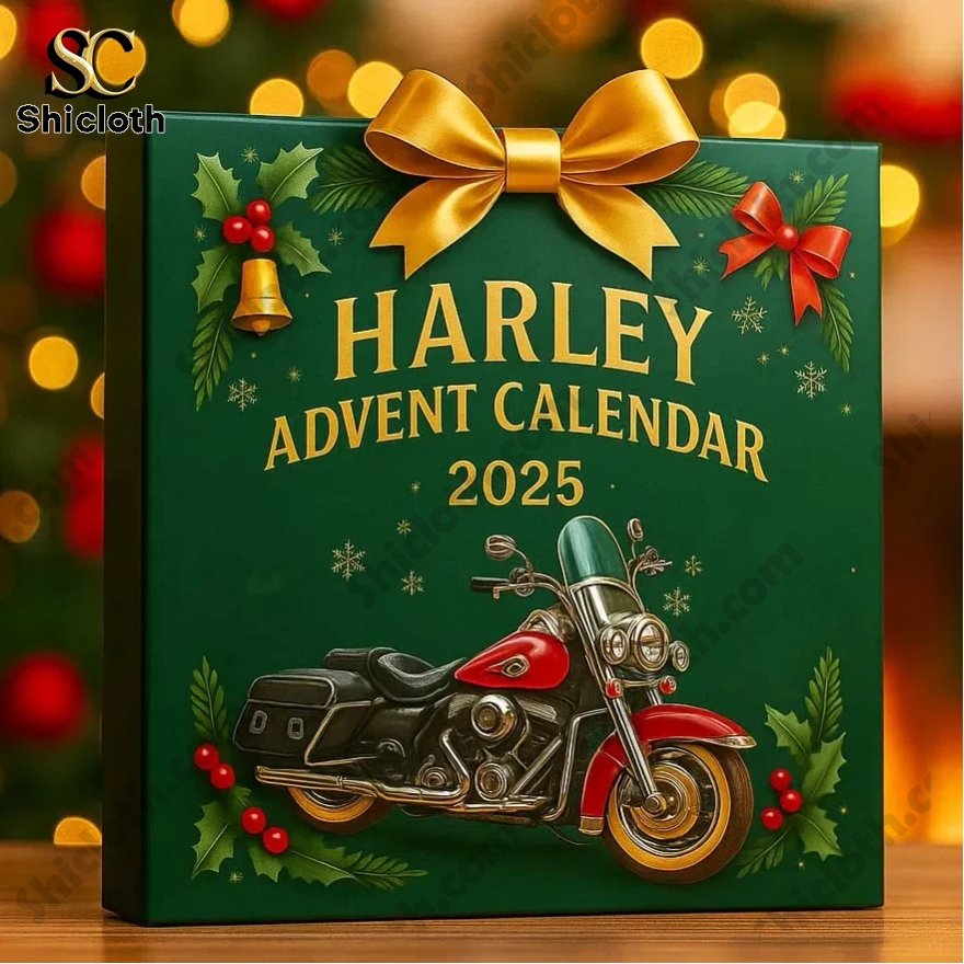 Harley Davidson 2025 Advent Calendar box with festive green design and motorcycle illustration on the cover.