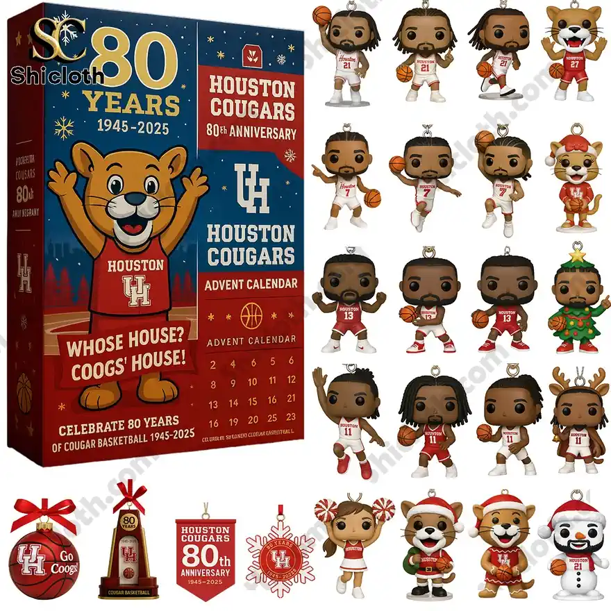 Houston Cougars 80th Anniversary Advent Calendar with collectible figures and ornaments for basketball fans.