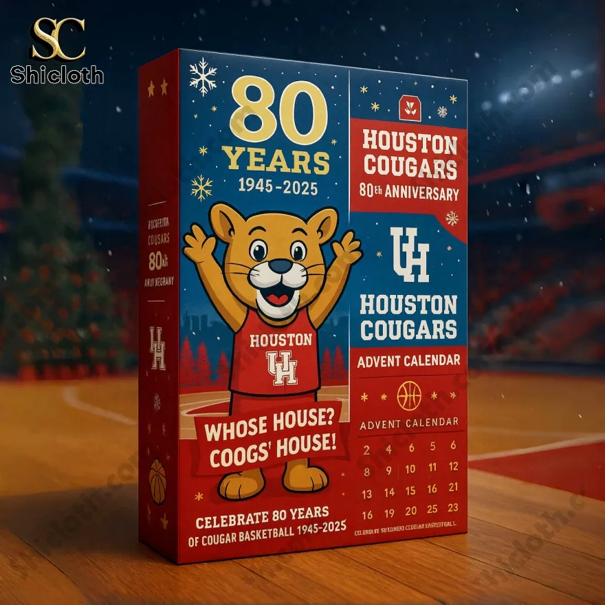 Houston Cougars 80th Anniversary Advent Calendar with festive design and the Cougar mascot.