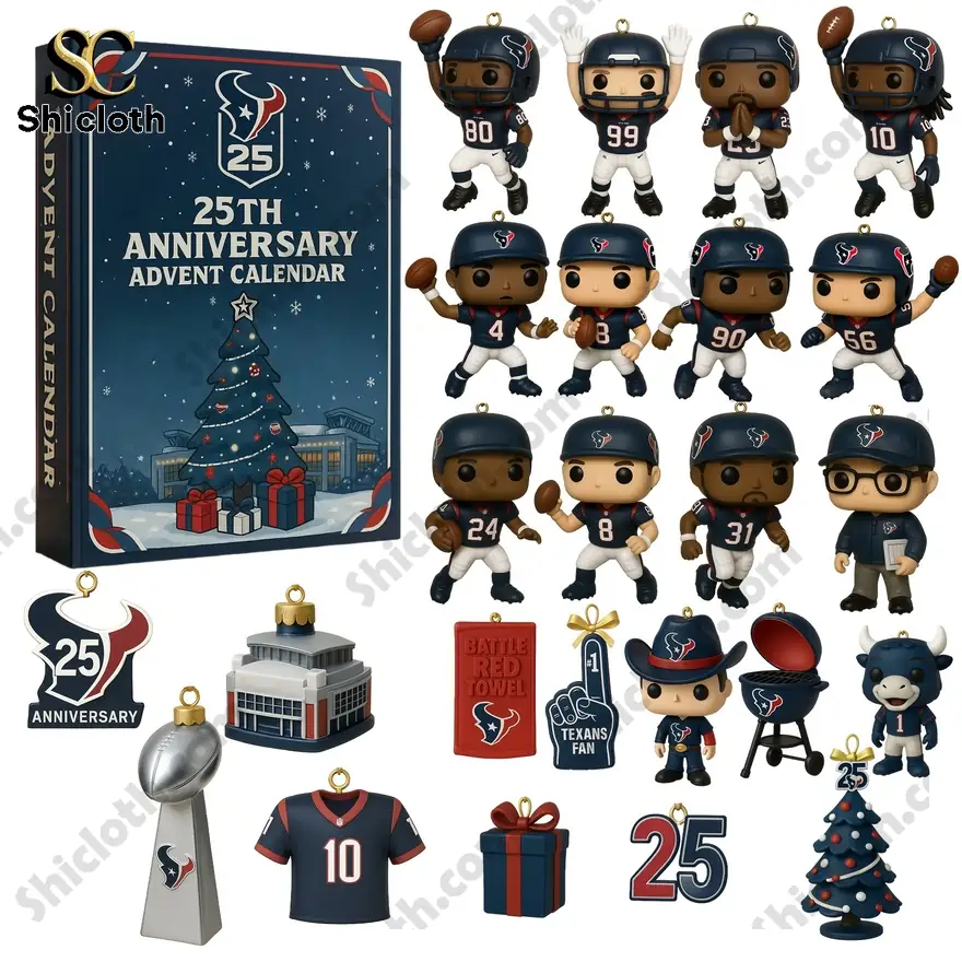 Houston Texans 25th anniversary advent calendar with mini figures and football themed ornaments.