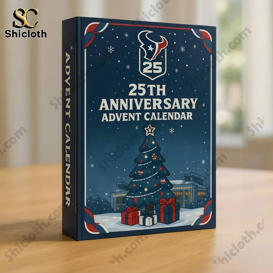 Houston Texans 25th anniversary advent calendar box with Christmas tree and stadium design.