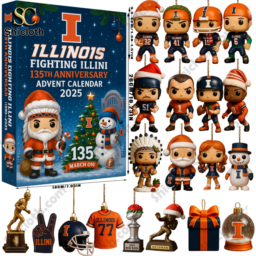 Illinois Fighting Illini 2025 Advent Calendar with figures and ornaments celebrating the 135th anniversary.