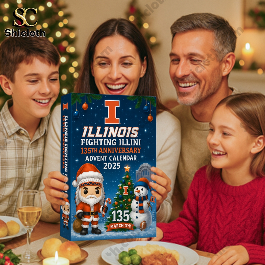 Illinois Fighting Illini 135th Anniversary 2025 Advent Calendar 3 Family holding Illinois Fighting Illini 2025 Advent Calendar during holiday celebration.