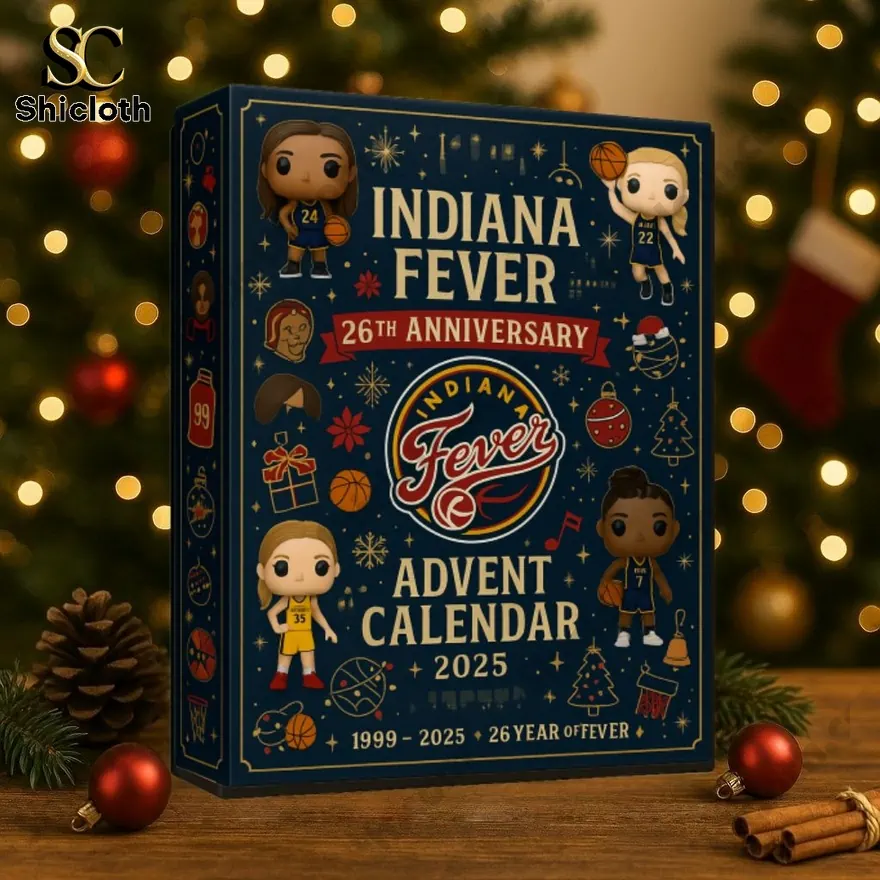 Close-up of Indiana Fever 26th Anniversary Advent Calendar box with Christmas decorations.