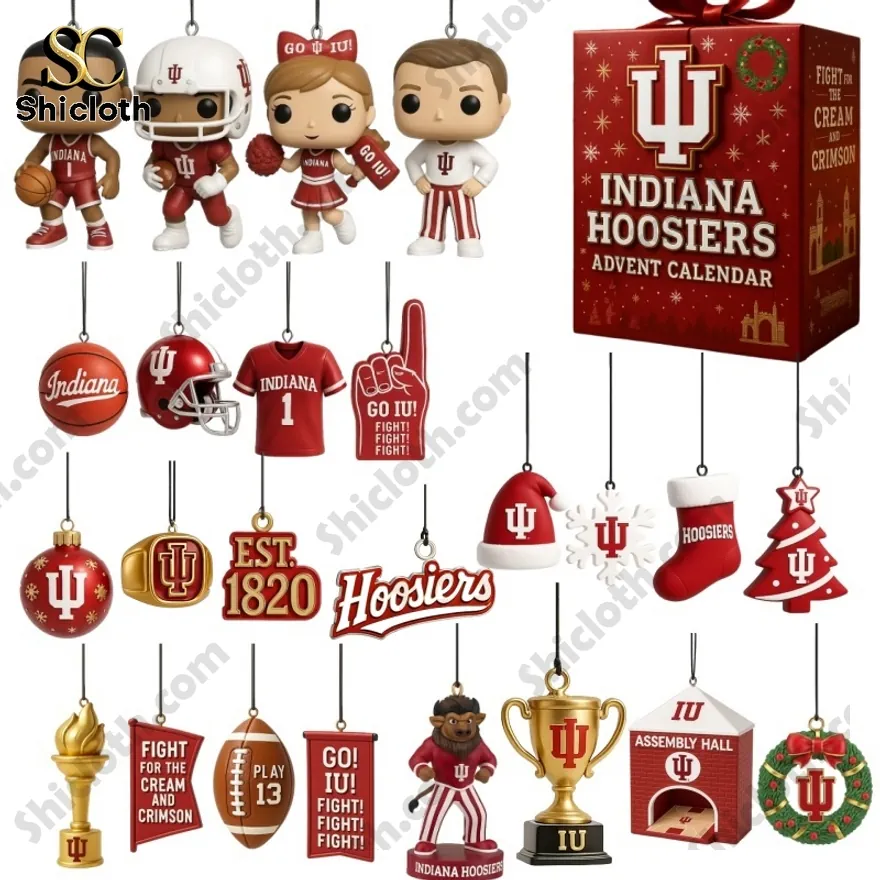 Indiana Hoosiers Advent Calendar with team-related ornaments and collectible figures.
