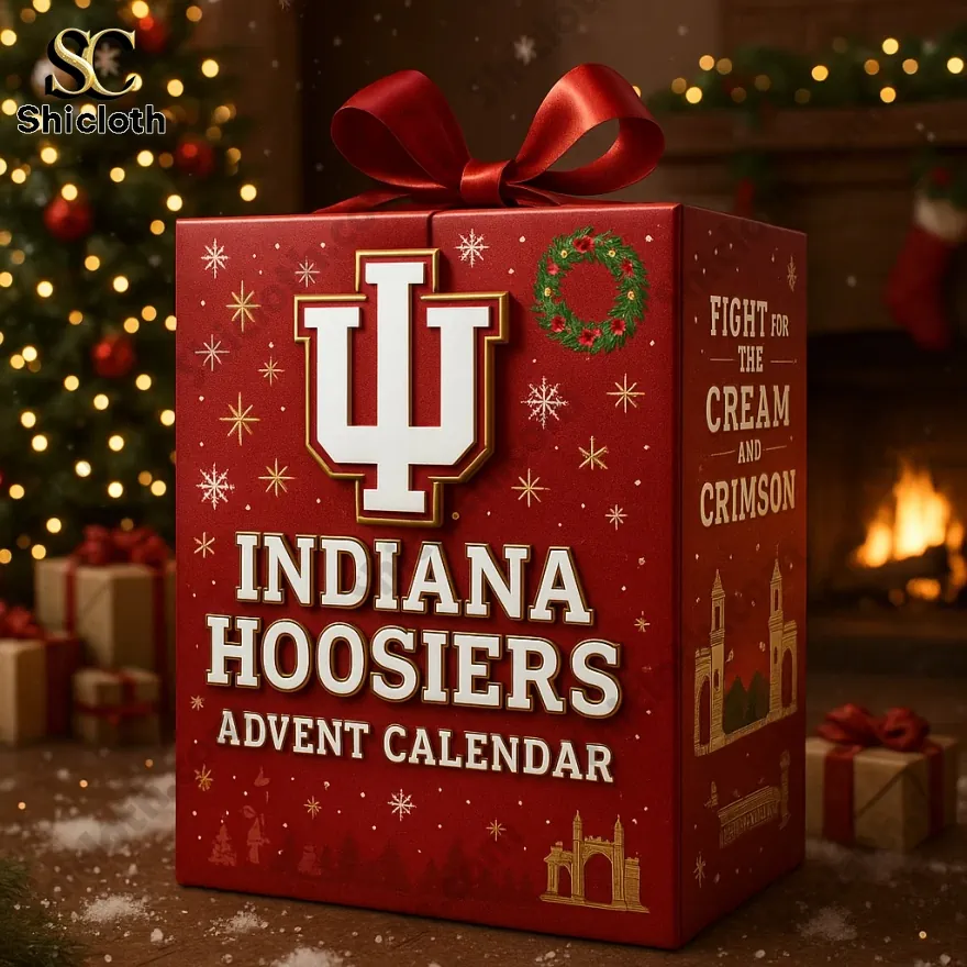 Close-up of Indiana Hoosiers Advent Calendar box with holiday decorations and team logo.