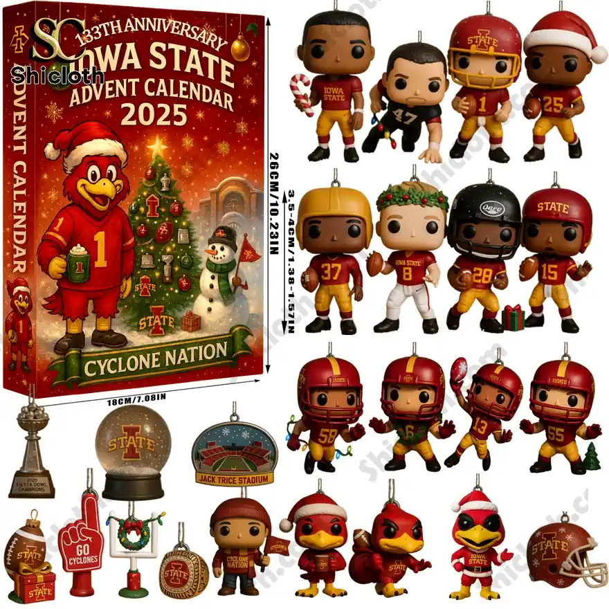 Iowa State 133rd Anniversary Advent Calendar with collectible figures and team-themed ornaments.