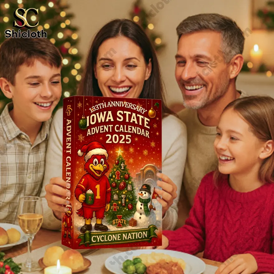 Iowa State 133rd Anniversary 2025 Advent Calendar 3 Family holding Iowa State 133rd Anniversary Advent Calendar in front of a Christmas tree, celebrating the holidays.