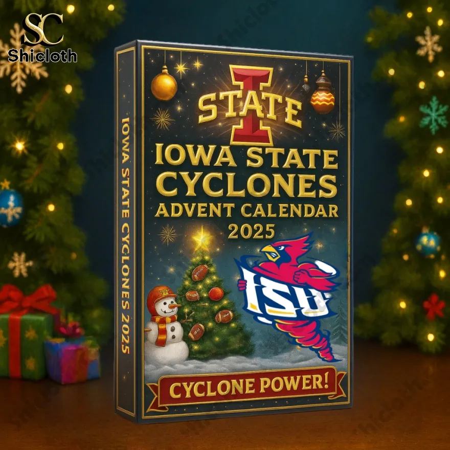 Close-up of Iowa State Cyclones Advent Calendar box with Christmas decorations and team logo.