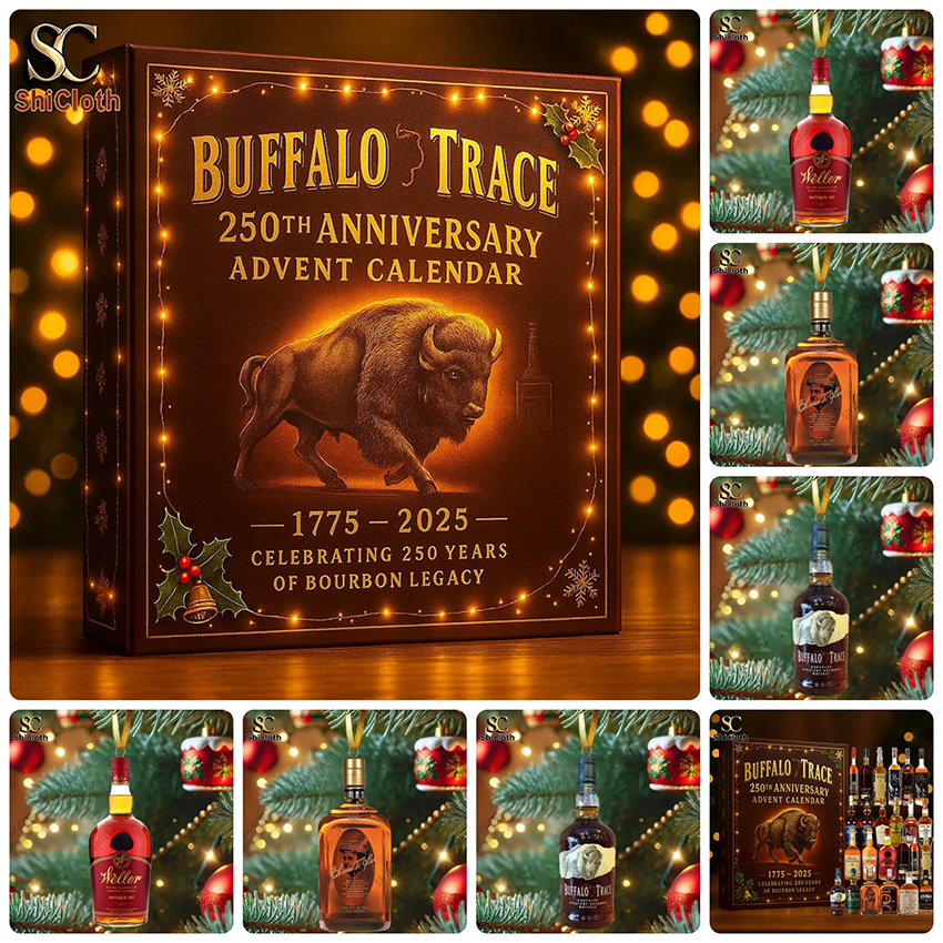 Buffalo Trace 250th Anniversary Advent Calendar with multiple whiskey bottles.